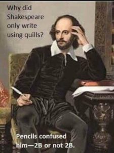 William Shakespear sitting at a desk holding a quill